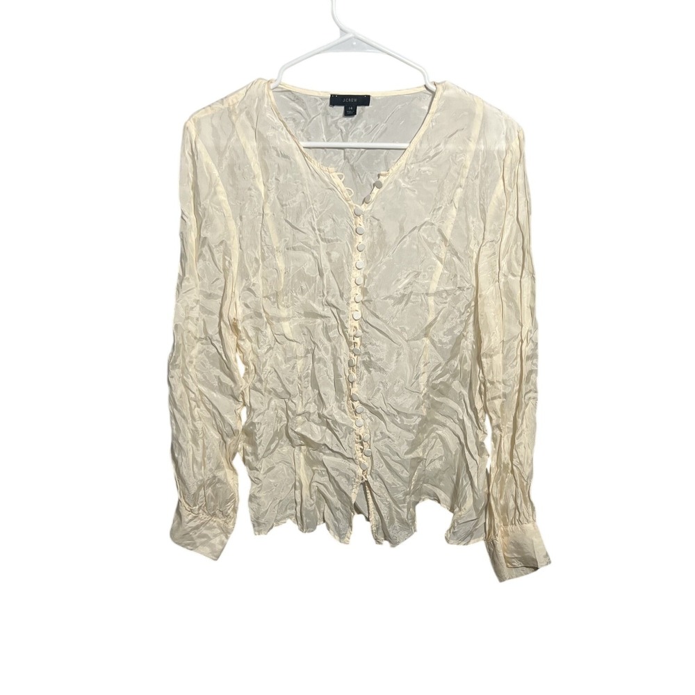 J.CREW Women's Cream Crinkle Silk‎ Blend Blouse Top Size 14 Long Sleeve Button